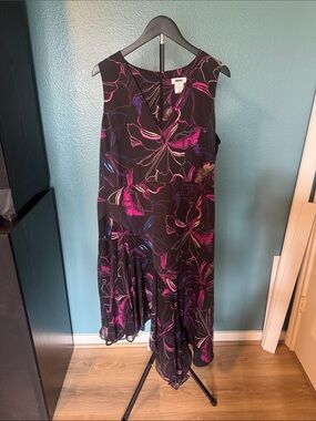 DKNY Black Asymmetrical Floral Dress with Pink & Purple Accents